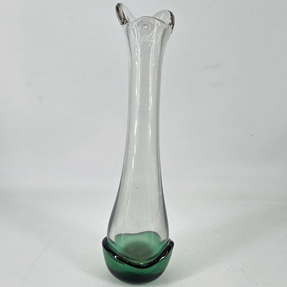 Canton Glass swung glass bud vase w green draping detail 8"